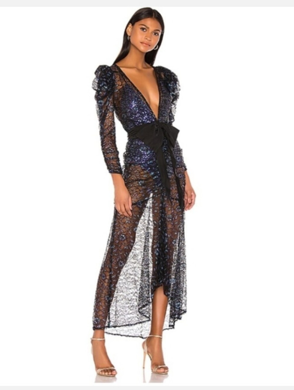 Sequin Deep V-Neck Black & Blue Evening Dress with Bow Waist